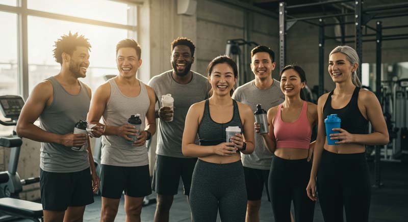 A diverse group of men and women aged 35 to 60 stand together in a bright fitness studio, smiling and holding water bottles and shaker cups, their camaraderie and satisfaction after a group workout clearly visible; the scene highlights caffeine fitness supplement use, vibrant wellness, and real connection.