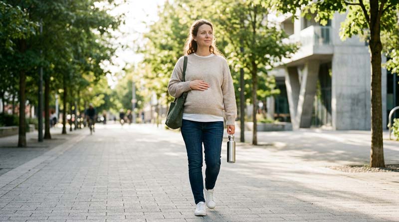 A pregnant woman walks along a sunlit tree-lined path with one hand resting naturally on her bump.