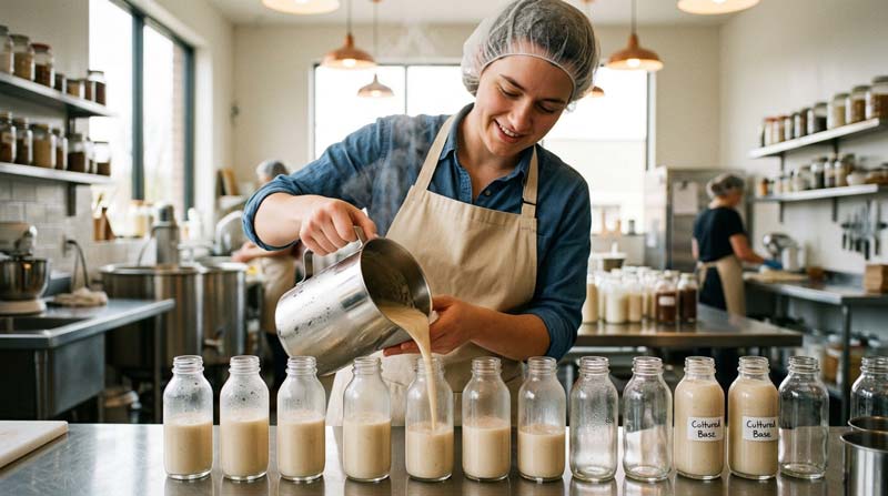 A food maker pours a cultured preparation containing postbiotics into rows of small glass bottles in a bright production kitchen.