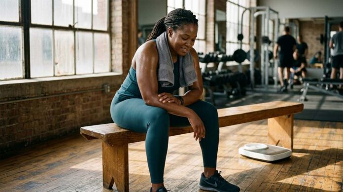 A Black woman rests calmly on a gym bench after training, with a bathroom scale in the background, illustrating exercise without weight loss.