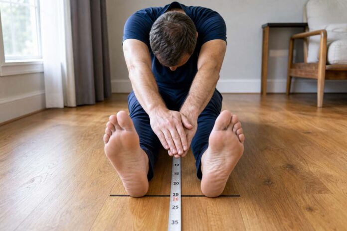 A barefoot man demonstrates a test of whether you can touch your toes, reaching with stacked hands over a measuring tape positioned between his feet.