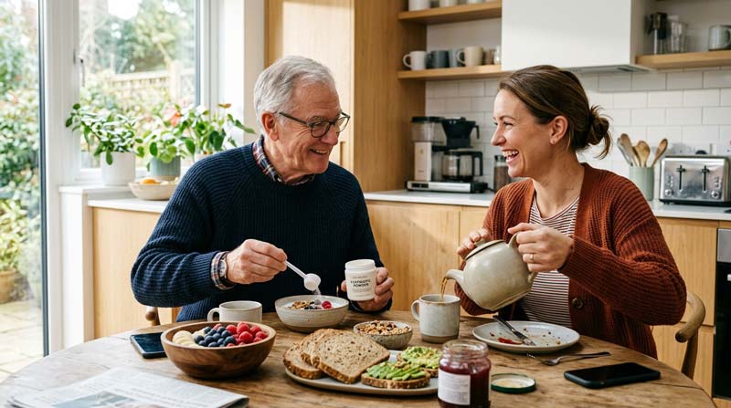 An older man and his adult daughter share breakfast as she adds postbiotics to yoghurt and he pours tea in a bright kitchen.