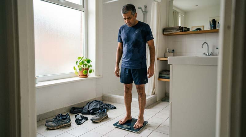 A middle-aged South Asian man in running clothes looks thoughtfully towards a bathroom scale after exercising.