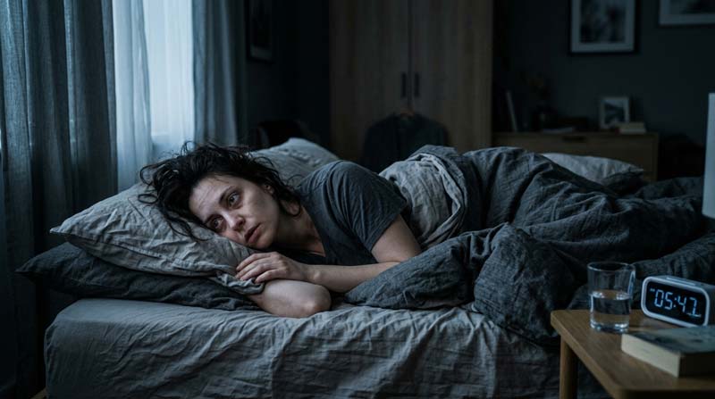 A tired woman lies awake in disturbed bedding as early morning light enters the bedroom after a restless night of repeated waking.