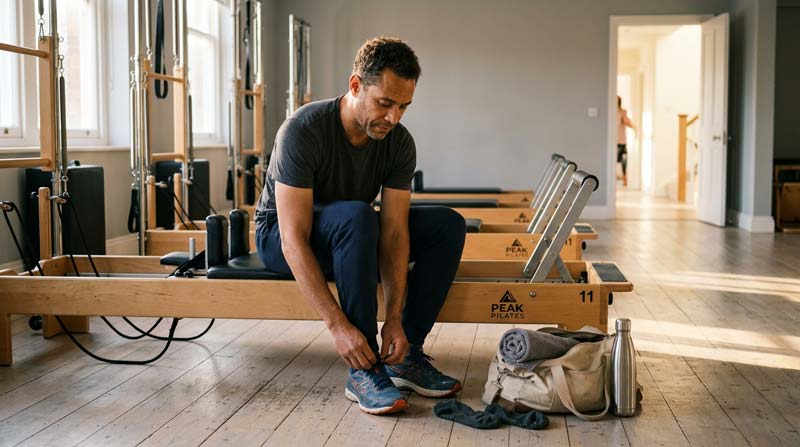 A man sits on the edge of a reformer tying his trainers beside an open gym bag in a softly lit studio.