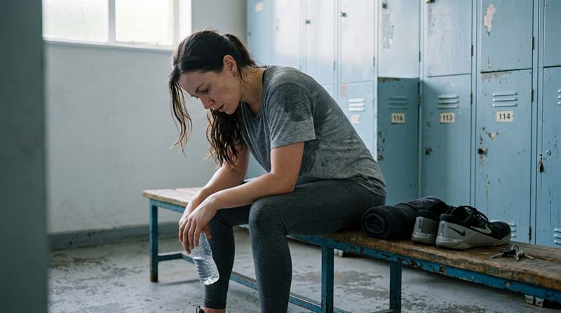 A tired woman rests on a changing-room bench after training, illustrating how a 1200 calorie diet may feel when energy intake becomes too low.
