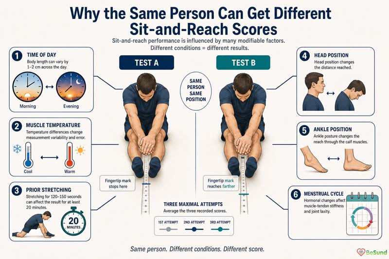 An infographic explains why attempts to touch your toes can produce different scores as testing time, temperature, preparation and body position change.