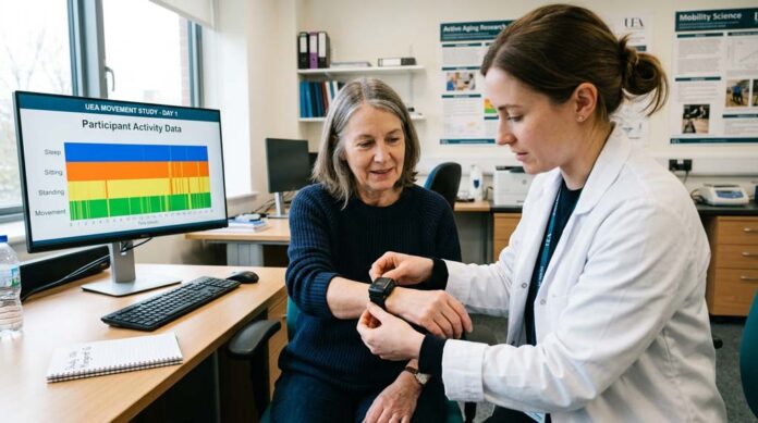 A researcher fastens a wrist accelerometer onto a seated participant in a university research room.