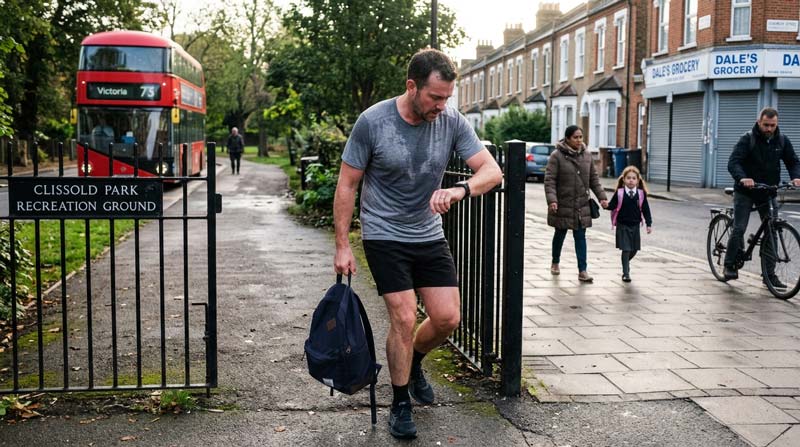 A man leaves a neighbourhood recreation ground after a short workout, checks his sports watch and picks up his backpack as the morning street around him begins to fill with daily life.