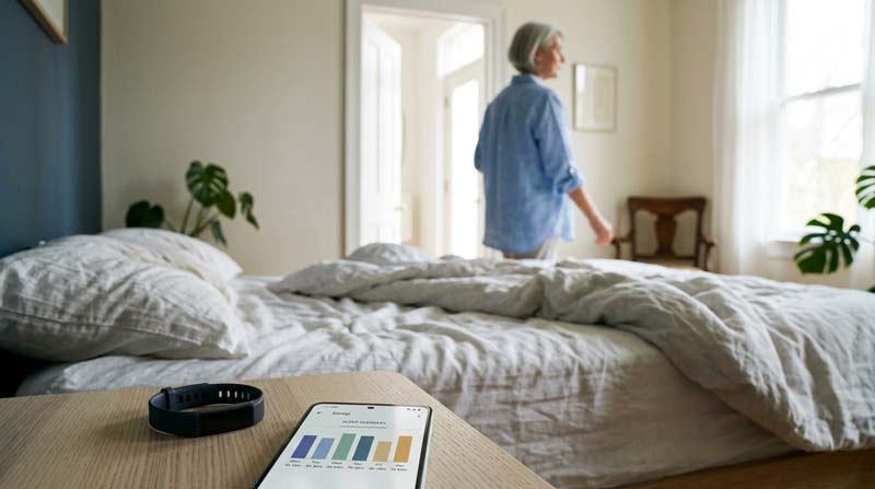 A woman walks towards the morning light while a sleep tracker and phone displaying a week of sleep data remain beside the slept-in bed behind her.