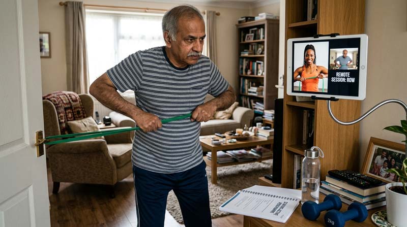 An older man performs a resistance-band exercise at home while following a remotely supervised session on a tablet.