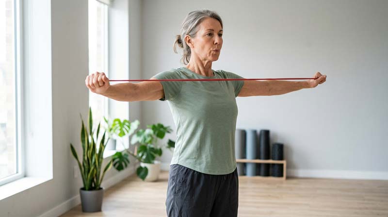 An older woman performs a standing resistance-band exercise while using pursed-lip breathing, demonstrating how exercise benefits for COPD can be supported by coordinating breathing with movement.