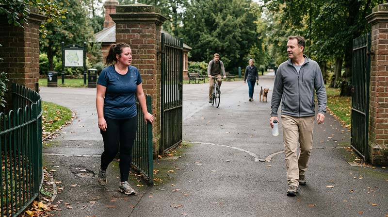 Two adults arrive at the same park gateway from different workouts, showing that how long should a HIIT workout be is only one part of the wider exercise story.
