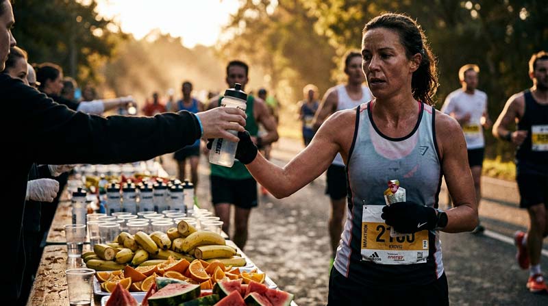 A distance runner reaches for water and fuel at a race aid station, showing how does your body need sugar becomes a practical question during prolonged exercise.