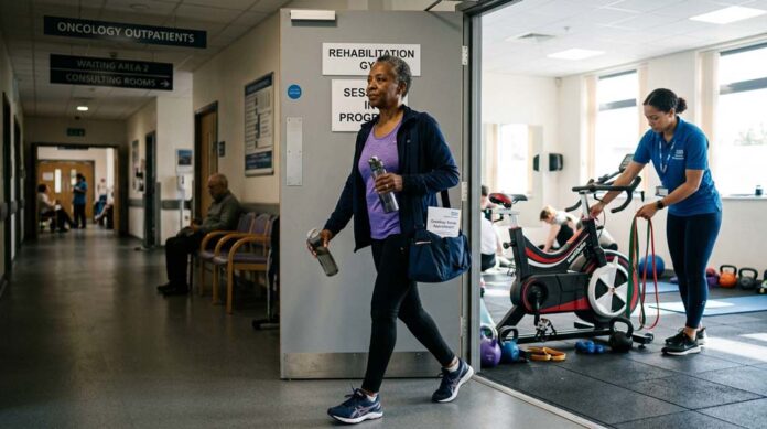 A woman in training clothes walks from a hospital corridor into a rehabilitation exercise space where equipment is being prepared.