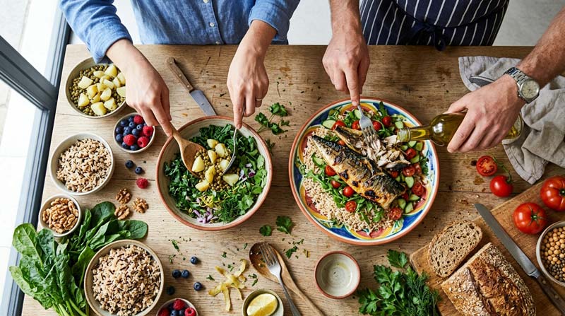 Two people prepare a colourful meal of oily fish, lentils, cooled potatoes, vegetables and whole grains on a busy kitchen worktop surrounded by berries, walnuts and other ingredients.