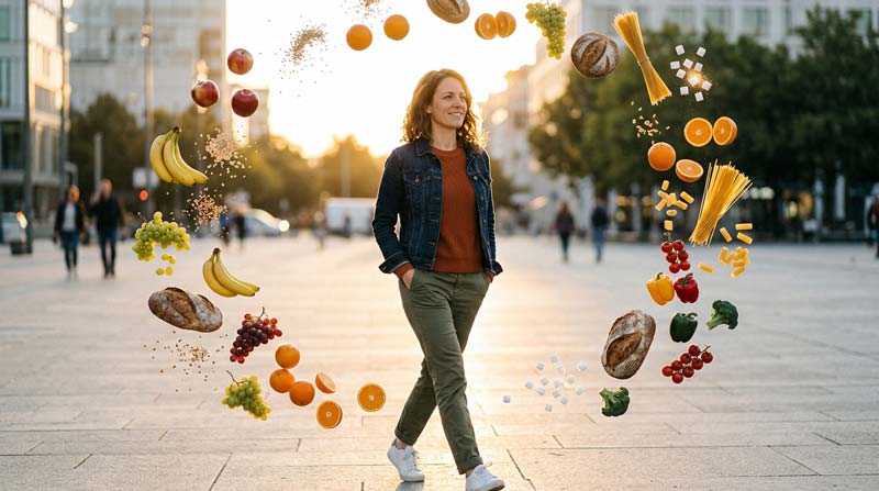 A woman walks calmly through an open city space as everyday foods and a few sugar cubes float around her, creating a confident closing image about balance and perspective.