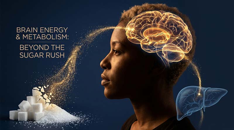 A human profile reveals a glowing brain as sugar particles and metabolic energy streams rise towards it in a dramatic science-inspired editorial composition.