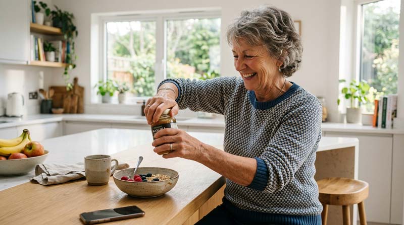An older woman smiles as she successfully opens a stubborn jar at her kitchen counter, representing how the value of an anti-inflammatory diet may ultimately be judged through meaningful everyday function.
