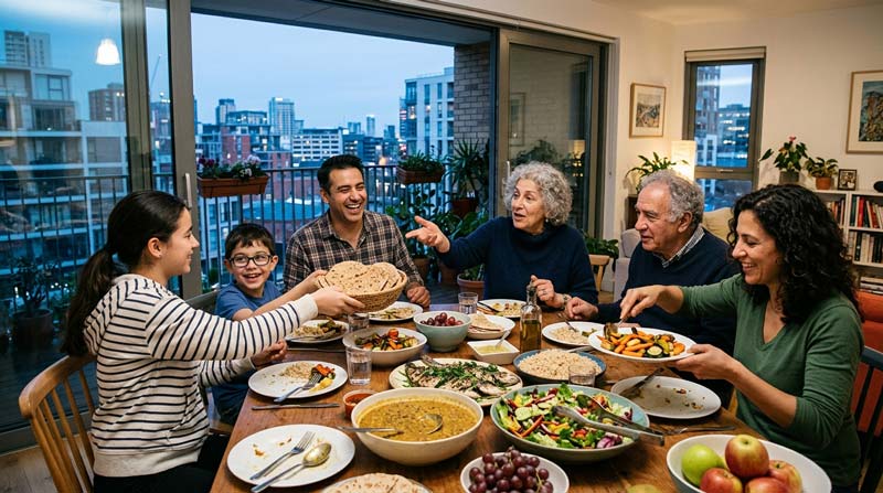 Three generations of a family share a relaxed evening meal together around a table filled with vegetables, fish, lentils, rice, salad, bread and fruit in a contemporary city home.