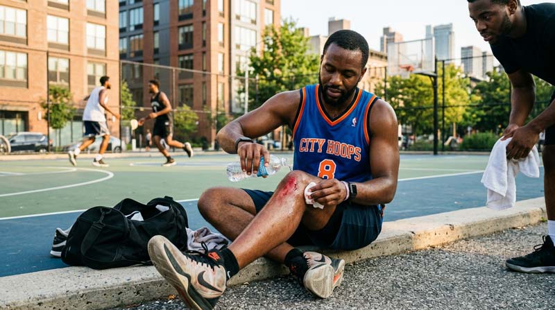 A man tends to a reddened graze on his knee beside an outdoor basketball court, showing the body’s natural inflammatory response during everyday life and the broader context behind an anti-inflammatory diet.
