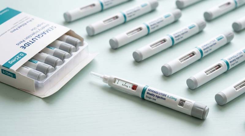 Several weekly injection pens are arranged diagonally across a clean pale surface, with one pen removed from its open carton and placed prominently in the foreground.