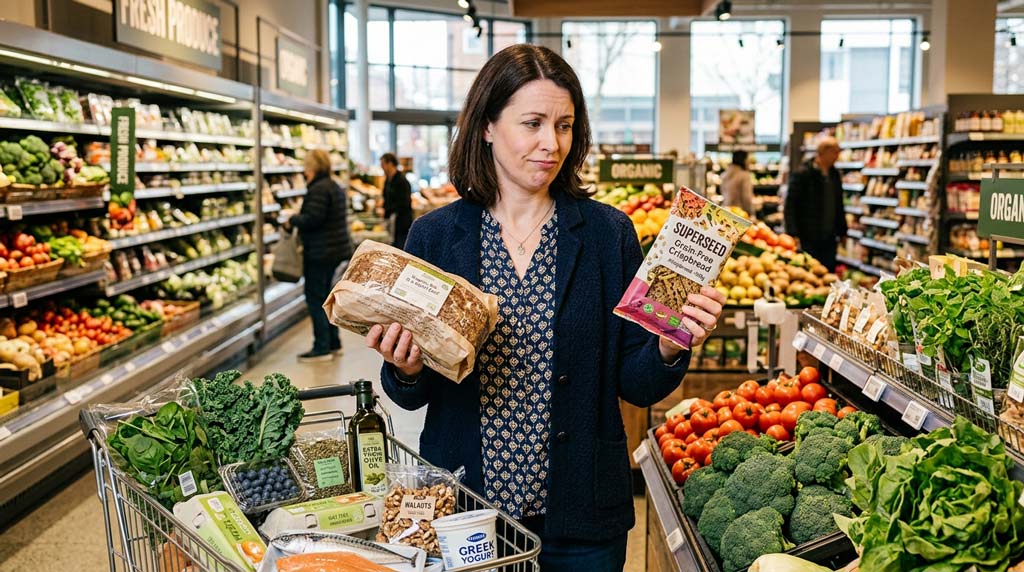 A thoughtful woman compares two different food products in a busy supermarket while a trolley of varied foods beside her reflects the competing choices surrounding an anti-inflammatory diet.