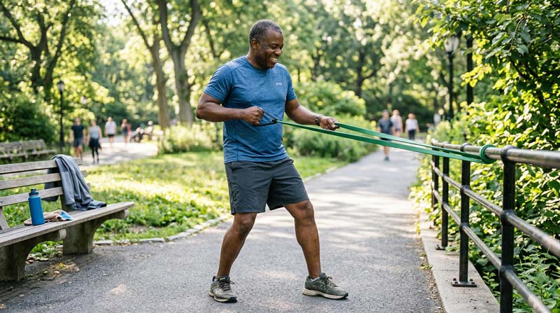 A moderately overweight man exercises with a resistance band in a leafy park, showing how movement and healthy habits can work alongside weight loss drugs.