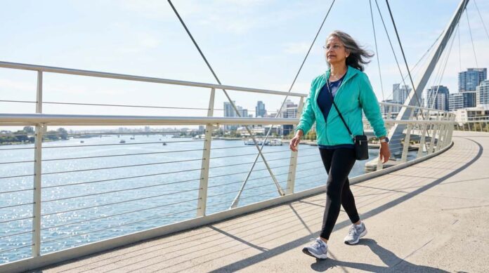 An older woman walks briskly across a modern pedestrian bridge above open water, reflecting how exercise benefits for COPD can support active and independent movement.