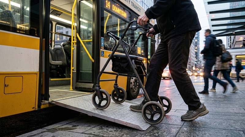 An older adult using a wheeled walking frame rolls onto a bus access ramp, showing how intrinsic capacity and a supportive environment work together to make everyday travel possible.