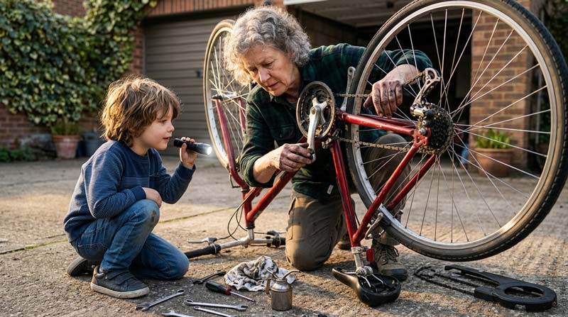 An older adult repairs a bicycle chain while a child holds a torch and watches closely, capturing dexterity, problem-solving and connection across generations.