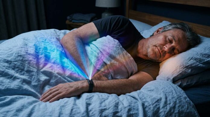 A sleeping man lies beneath pale bedding as coloured light spreads from the sleep tracker on his wrist across his body and gradually softens into the surrounding darkness.