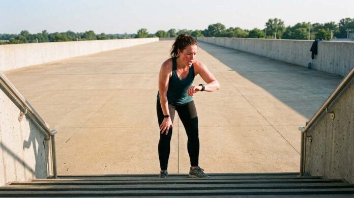 A woman stands at the top of a public concrete stairway after a hard workout, breathing heavily and checking her sports watch, showing how long should a HIIT workout be can feel surprisingly short in real life.