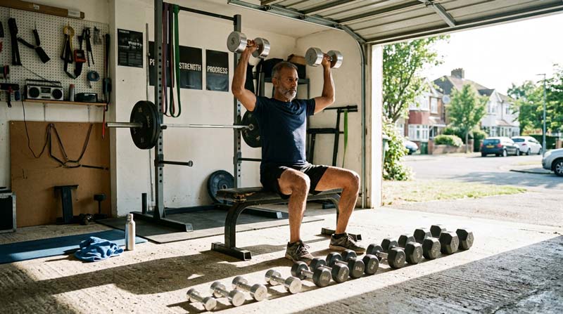 An older man performs a seated overhead dumbbell press in a home gym, illustrating how progressive training supports body recomposition and long-term strength.