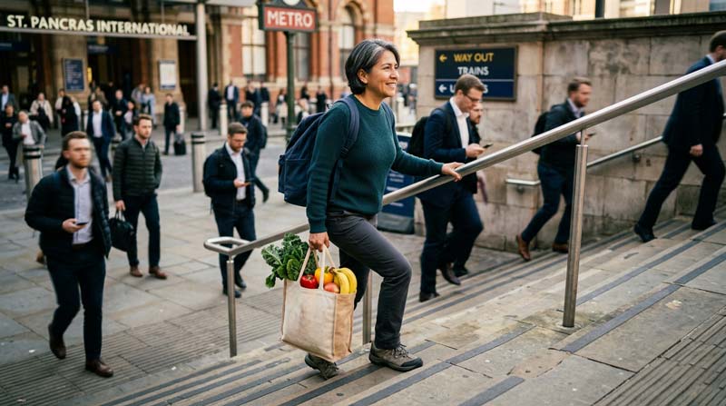 A woman climbs outdoor steps with ease while carrying groceries, showing how body recomposition can support strength, energy and confidence in everyday life.