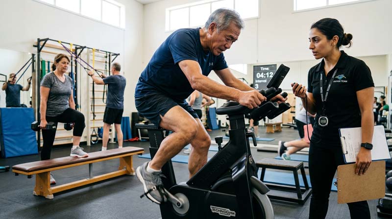 An older man exercises on a stationary bike while an exercise professional monitors him, with other participants training nearby.