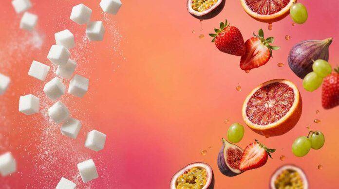 Sugar cubes and fresh fruit float through a bright coral and pink scene, creating a vivid editorial image that captures the question does your body need sugar with energy and contrast.