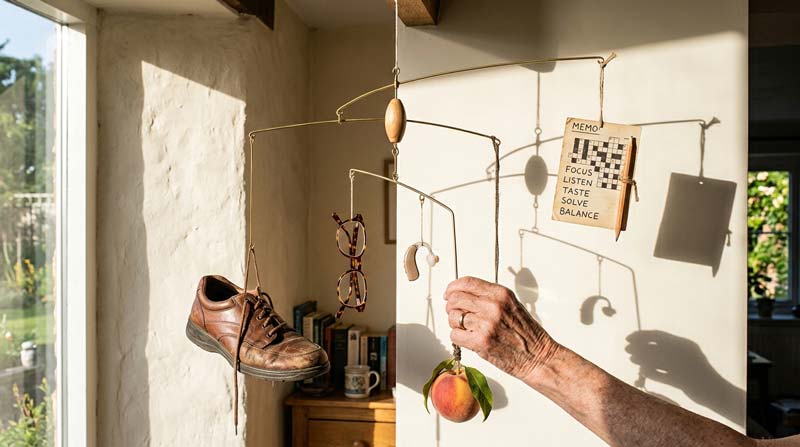 A hanging mobile of a walking shoe, reading glasses, a hearing aid, a piece of fruit and a handwritten puzzle card sways in sunlight while an older hand steadies it, suggesting how different parts of daily capability connect and influence one another.