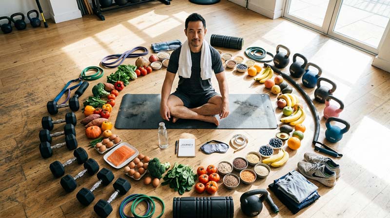 A person sits at the centre of a circular arrangement of training gear, whole foods, water, clothing and recovery items that together represent the different influences on changing body shape and composition.
