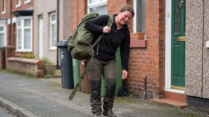 A woman arriving home after a loaded walk removes a substantial backpack while flushed and breathing heavily after the effort.