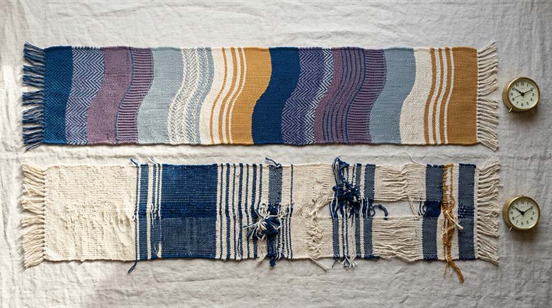 Two equal-length woven fabrics contain contrasting colours, textures and interruptions, representing nights of the same duration with different internal sleep patterns.