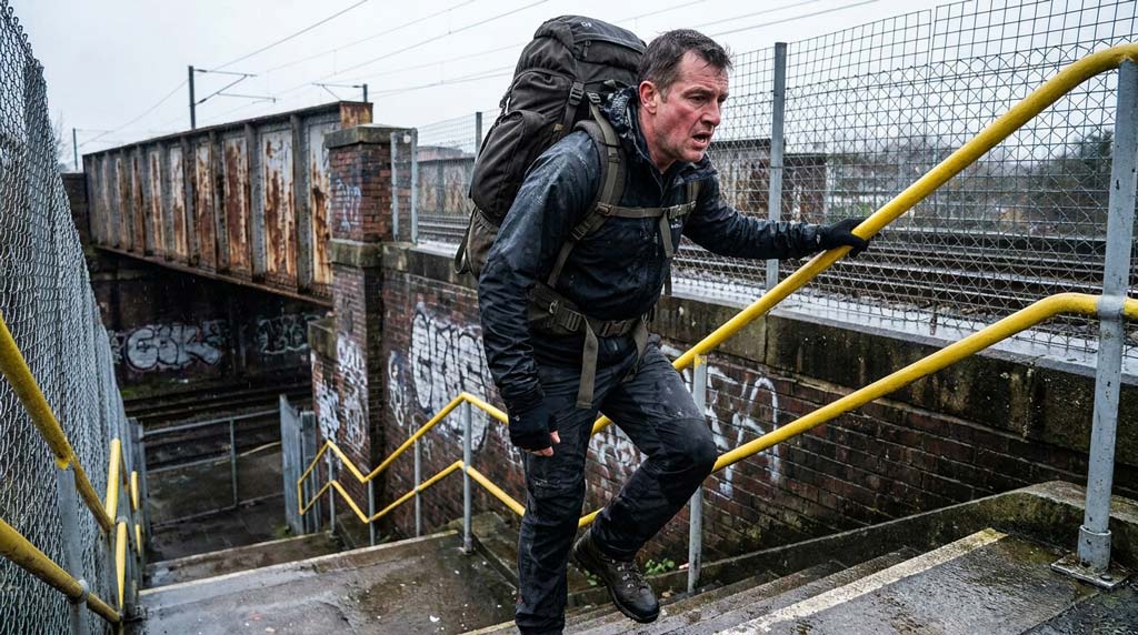A man rucking up concrete city steps with a heavily loaded backpack, gripping a yellow handrail as he works against the incline.