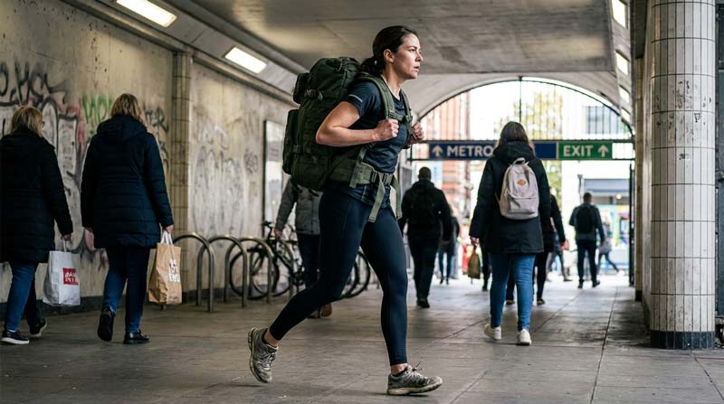 A woman walking briskly through an urban underpass with a fitted loaded backpack while other pedestrians move around her.