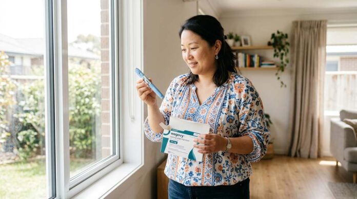 An East Asian woman with a moderately overweight build stands by a sunlit window, holding an injection pen and its box as she studies the medicine with relaxed curiosity, illustrating an everyday moment with weight loss drugs.