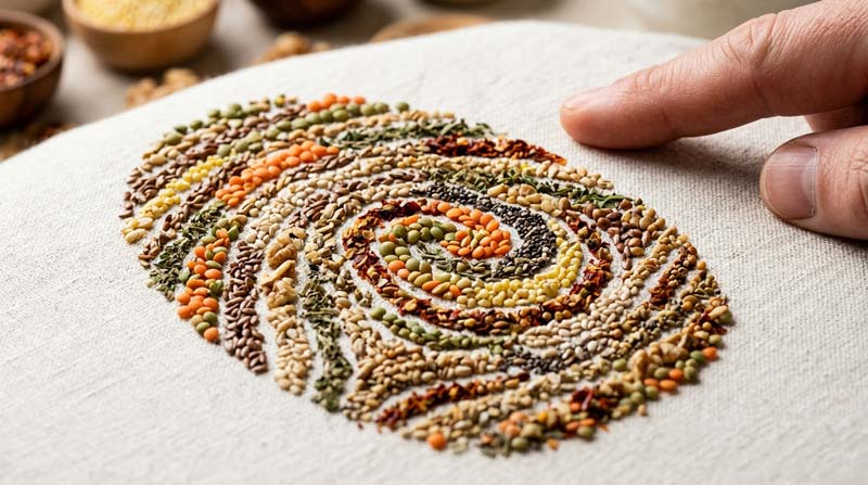 Tiny grains, seeds, herbs and chopped plant foods are arranged into the shape of a fingerprint beside a real fingertip, creating a visual metaphor for how 30 plants a week may interact differently with each person.