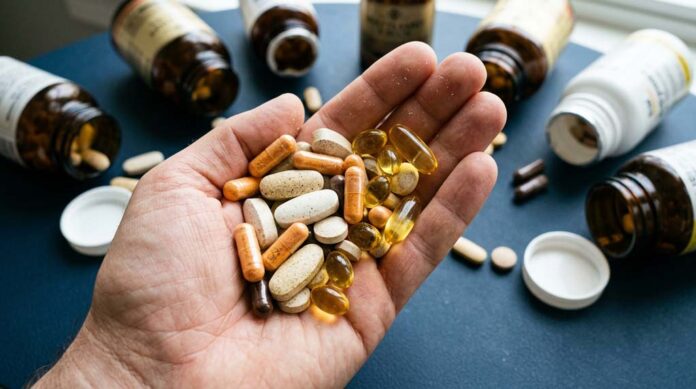 A crowded handful of tablets, capsules and softgels above open bottles illustrates the concern about too many supplements.