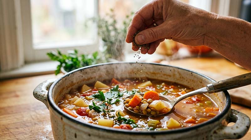 A close view of a vegetable and lentil soup with visible carrots, potatoes, onions and herbs as a hand sprinkles dried oregano above the steaming pot.