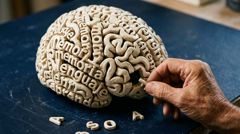 An older person’s hand fits a ceramic letter into a brain sculpture formed from interlocking English and Spanish words.