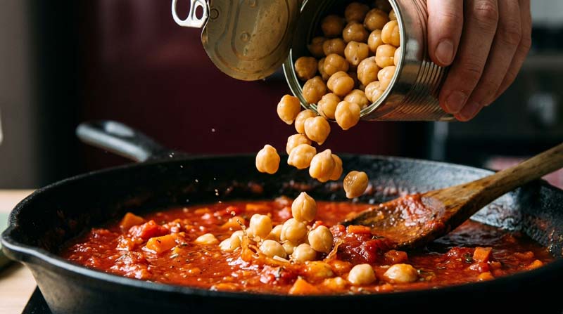 A healthy food hand tips an open tin, sending chickpeas tumbling into a black pan of tomato sauce with chopped carrots.