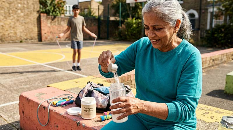 An older woman pours collagen peptides powder into a drinking bottle while her teenage grandson practises skipping behind her.